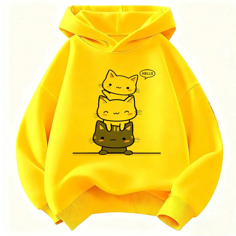 Hello Kawaii Design Cat with Flower Hoodie Kids Cat Children's Sweatshirt for Boys Girls Casual Funny
