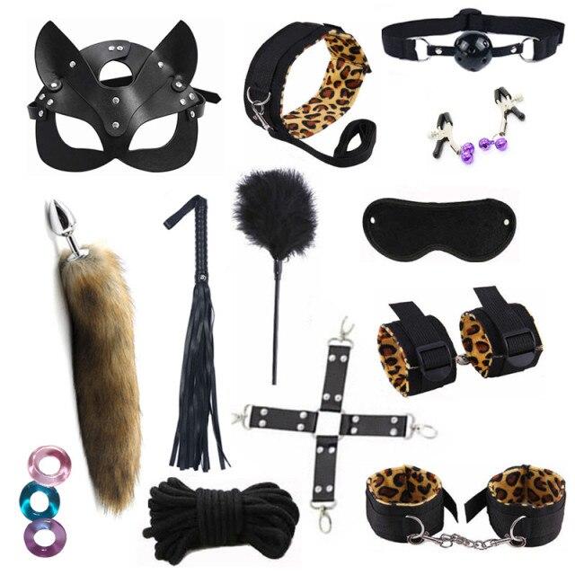 Sexy Mask Fox Tail Metal Anal Plug BDSM Sex Bondage Adult Sex Toys for Women Nylon Plush Sex Handcuffs Whip