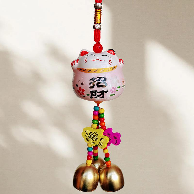 Fortune Cat Ceramic Wind Chimes Hanging Car Charm Garden Charm Decorations Crafts Wind Chimes Metal Bells Good Luck Wind Chimes