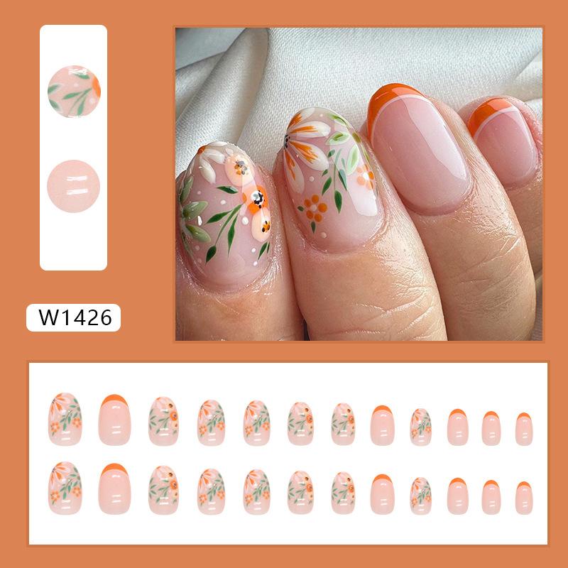 

Orange flower French autumn atmosphere elegant white fresh girl fake nails can be mixed