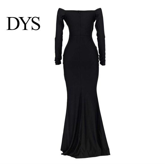 Slim Fit Dress Lady Evening V Neck Off Shoulder Side Slit Floor Length Long Ball Gown Sleeves Pleated Maxi Banquet Party Solid Color