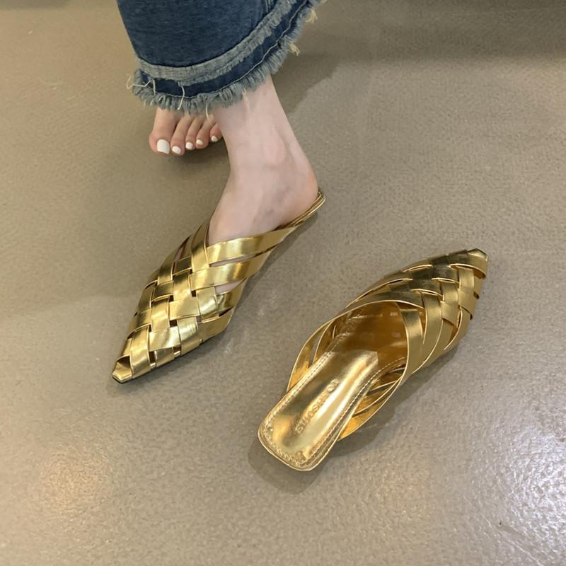 Fashion Bailamos Summer Women Slipper Fashion Weave Pointed Toe Slip On Ladies Mules Shoes Flat Heel Sandal Shoes Dress Slides Mujer