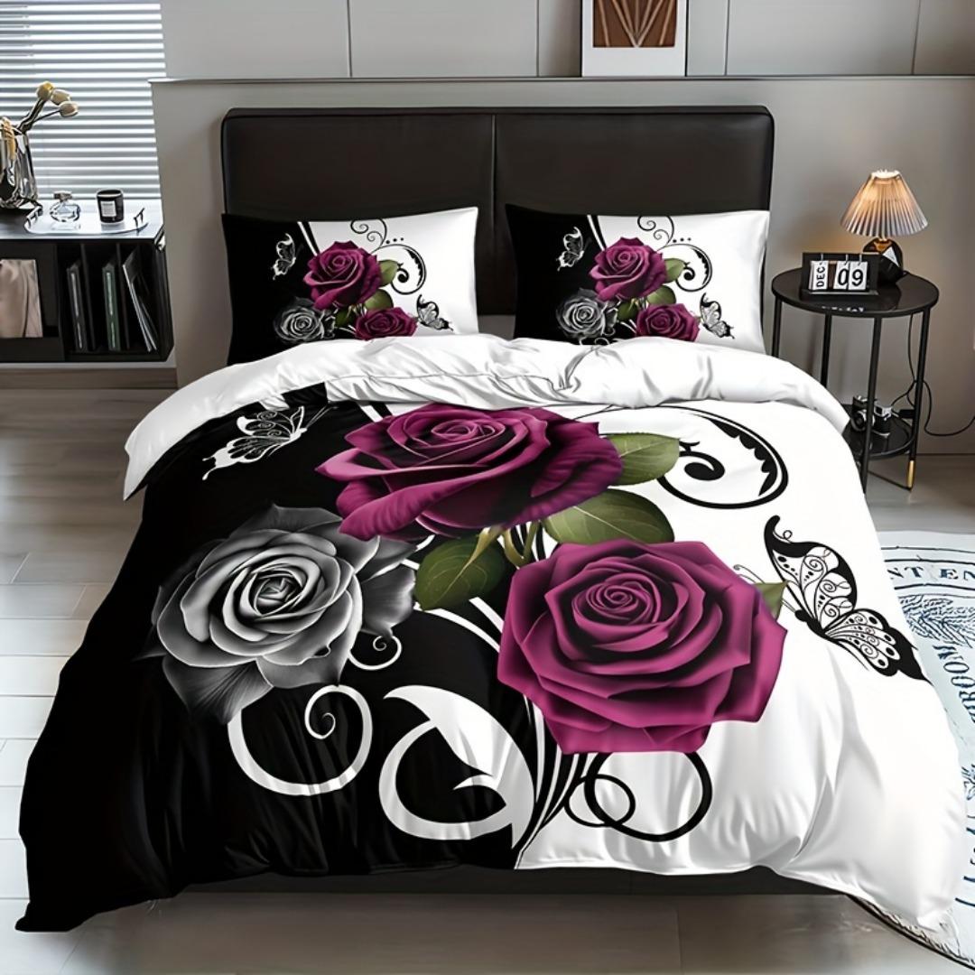 

3pcs White Red Romantic Roses Bedding Set Soft Duvet Cover Set King Queen Twin Single Size Bithday Gift for Sister Room Decor EU Single 135x200cm