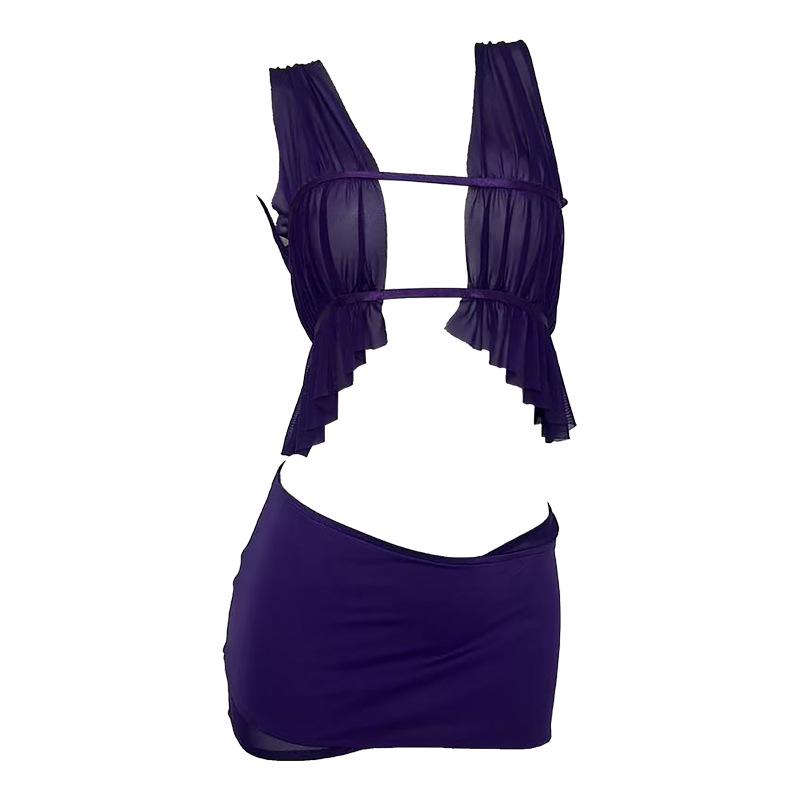 Alluring Purple Mesh Open Chest Lingerie Set