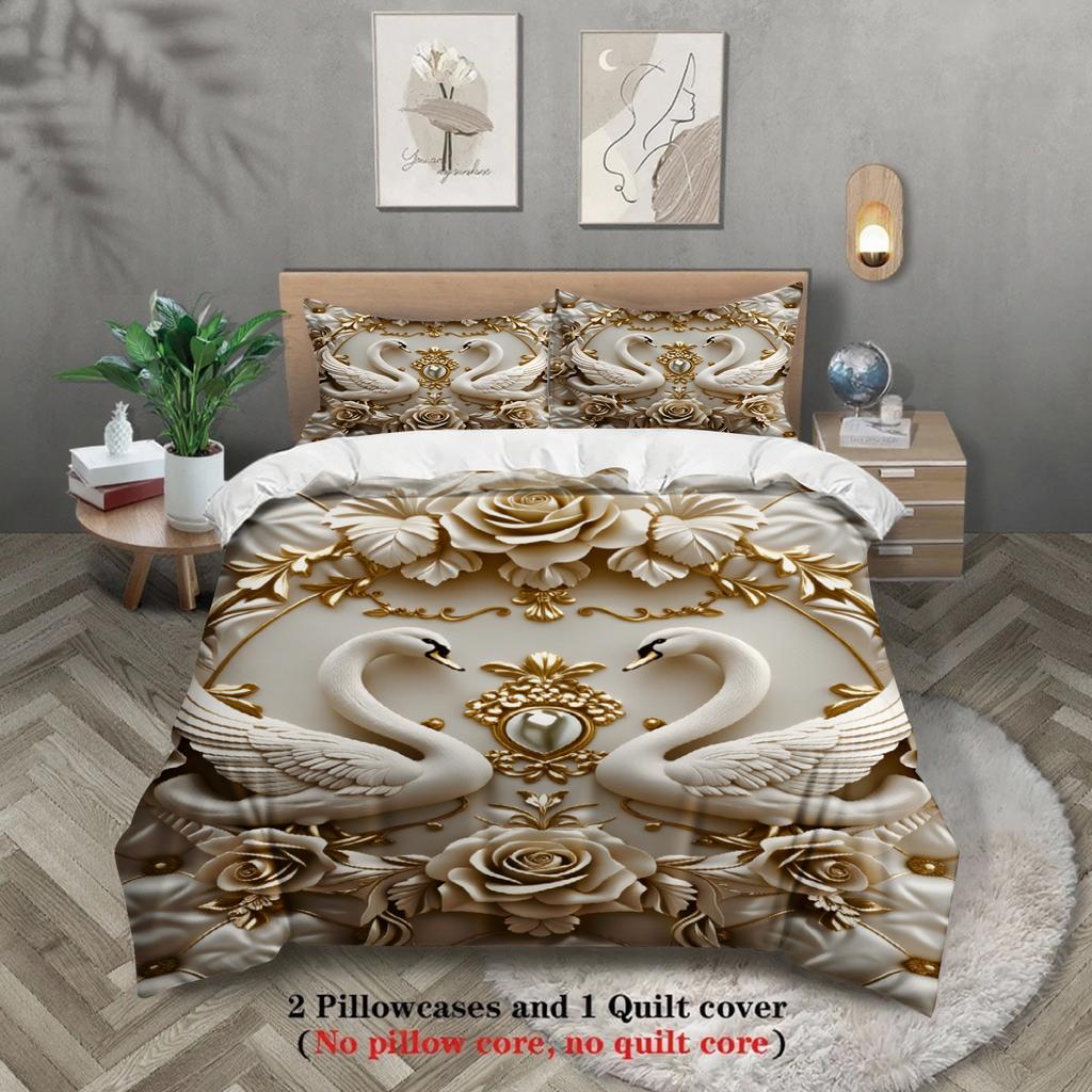 Luxury 3pcs Queen King Full Size Bedding Sets 3D Printed Swans For Couples Gifts Soft White Duvet Cover With 2 Pillowcases