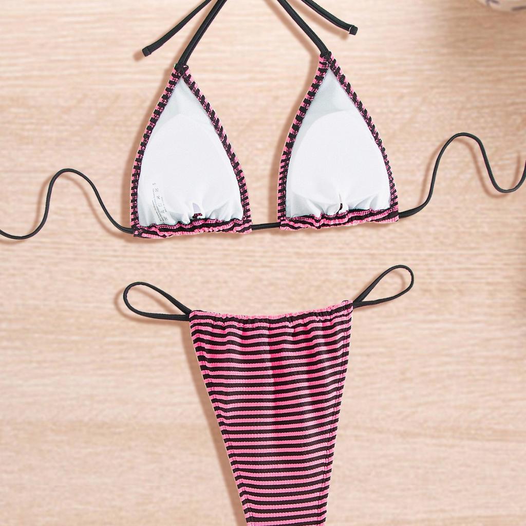 New Split Swimsuit Halter Strap Sexy Bikini Women European And American Beach Wear Striped Color Scheme