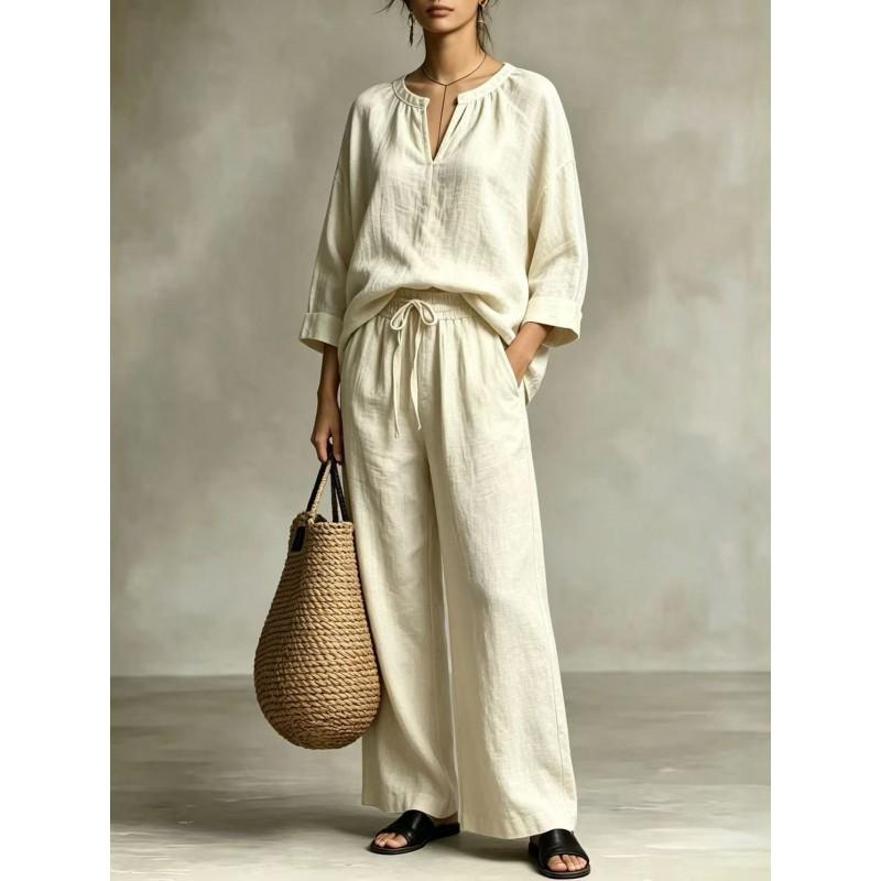 Womens Cotton Linen Set 2026 V-Neck 7/8 Sleeve Top With Drawstring Wide Leg Pants Casual Outfit