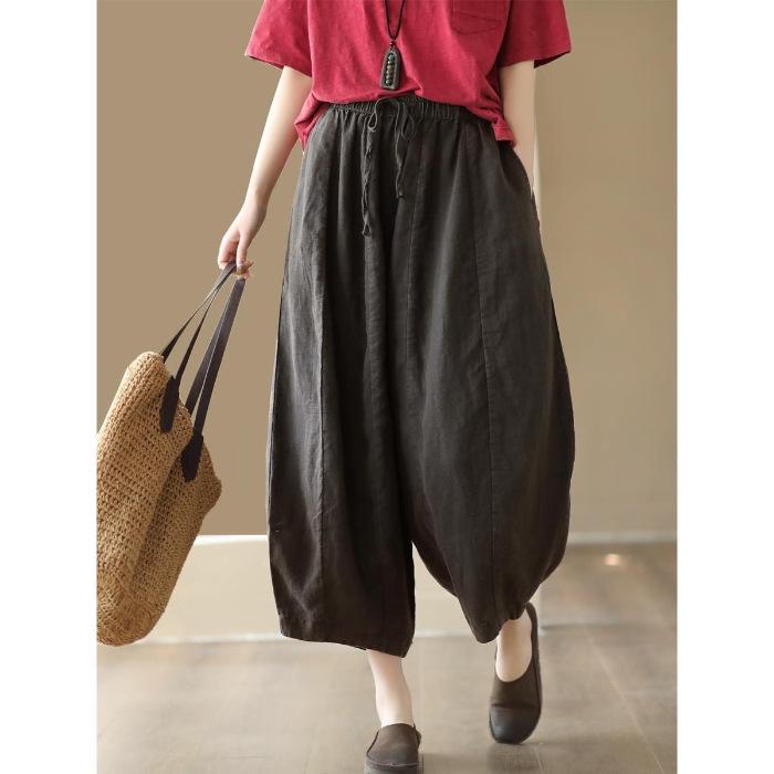 

Women s Cotton & Linen Elastic Waist Harem Pants - Retro Patchwork, Loose Fit, Drapey Lantern Style for Summer 2XL for 130-145 lbs