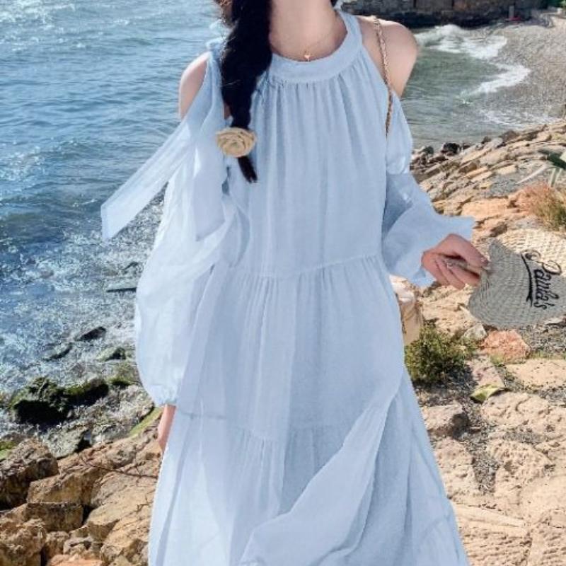 Damen Sommer Strandurlaub Kleid Süßer und Sanfter Stil Französisch Elegant Atemberaubend Schulterfrei Strandrock