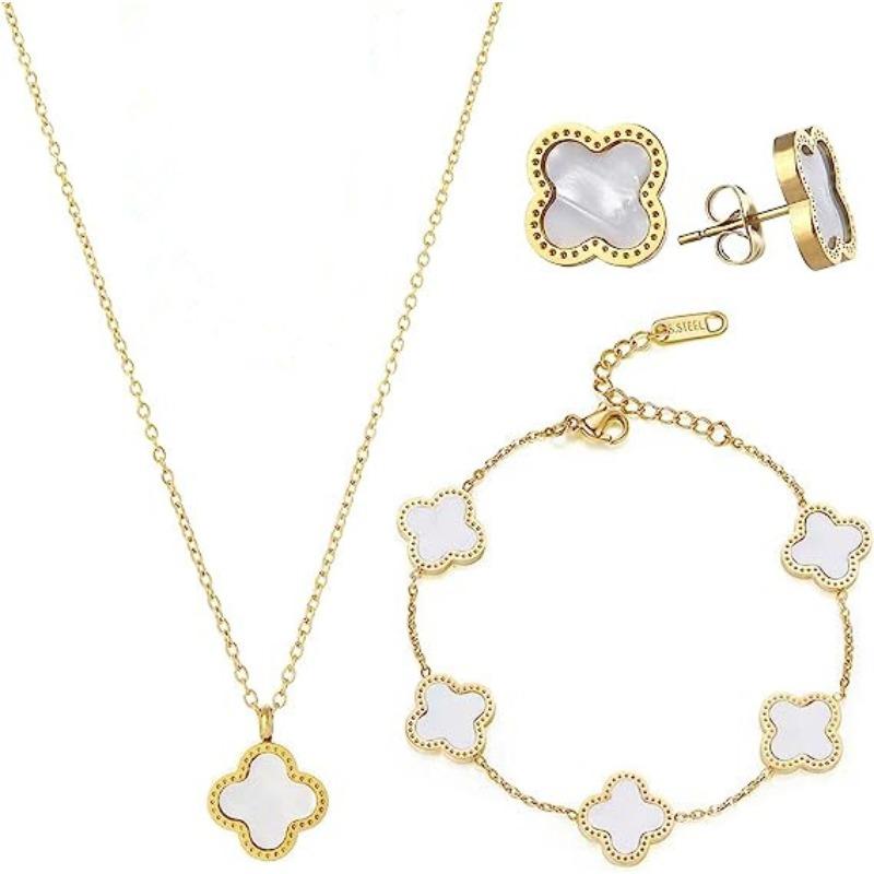 

3шт титановая сталь клевер ожерелье браслет серьги комплект ювелирных изделий золотой двусторонний набор клевера