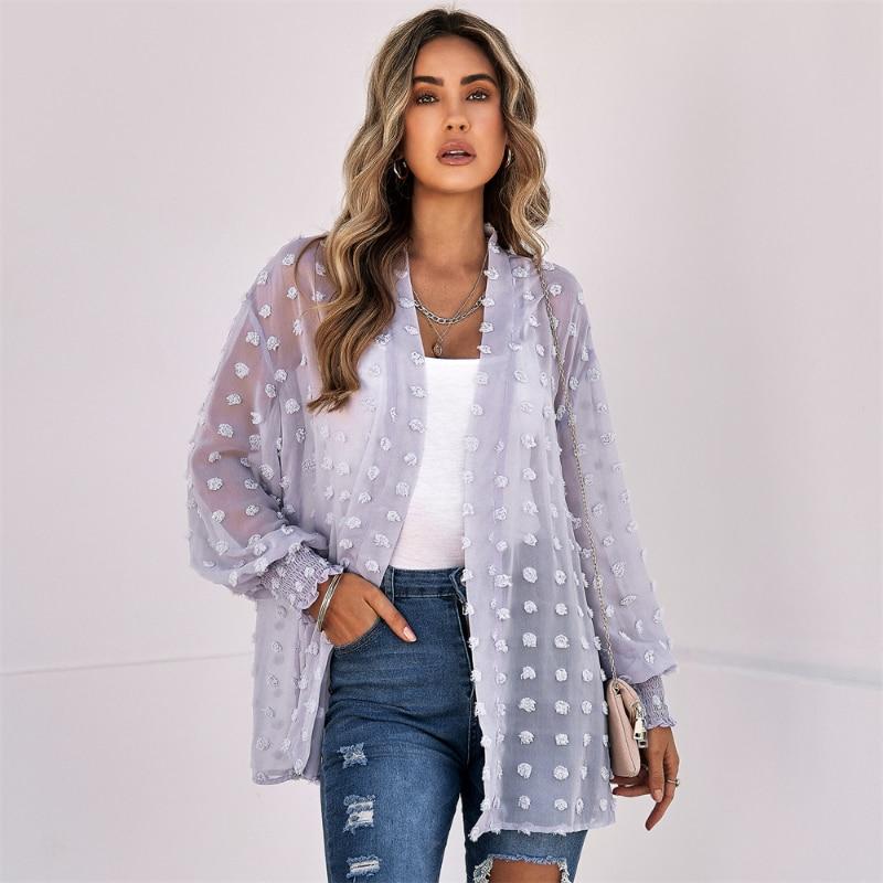 

2023 весенний повседневный кардиган, тонкая рубашка, модный женский шифоновый топ, летняя однотонная свободная одежда, блузка, пальто с шалью, элегантное 26571 XL светло-фиолетовый
