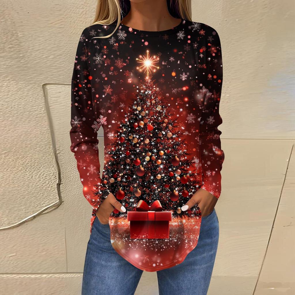 3D Gradient Color Christmas Tree Print Round Neck Long-sleeved T-shirt Casual Long-sleeved Top
