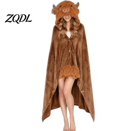 Übergroßer Deckenhoodie Tier-Wearable für Damen, Flanell-Sweatshirt Leichter Samt-Bademantel-Decke, Knopfleiste Cosplay-Umhang Nachtwäsche Winter