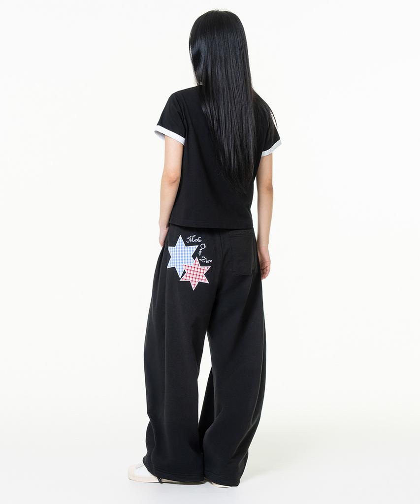 MOZMOZ Star Patch Side Pleated Wide Training Pants Black