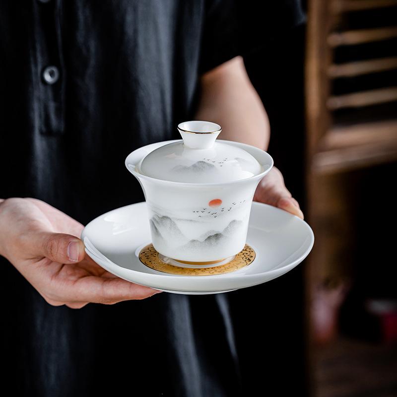 Suet jade white porcelain kung fu tea set full set tea set cover bowl tea cup travel tea set gift box print