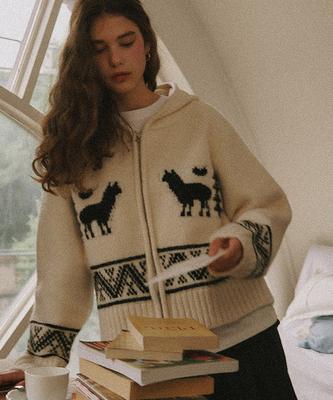 Ronron Alpaca Jacquard Hood Zip-Up Knit (2Colors)