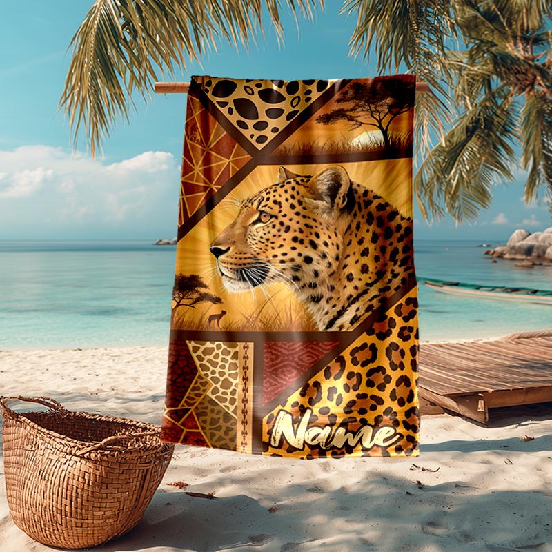 Custom Name Ultra-Soft Beach Towel with Leopard Theme,Ideal for Pool - Camping, Diving - Perfect Travel Essential, Vibrant Beach Towel.