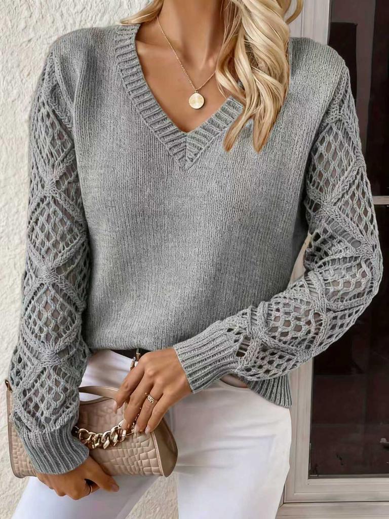 Spring/Autumn Long Sleeve Hollowed Out Knit Sweater Women's Pullover Crochet Flower Pile Loose V-Neck Base Top