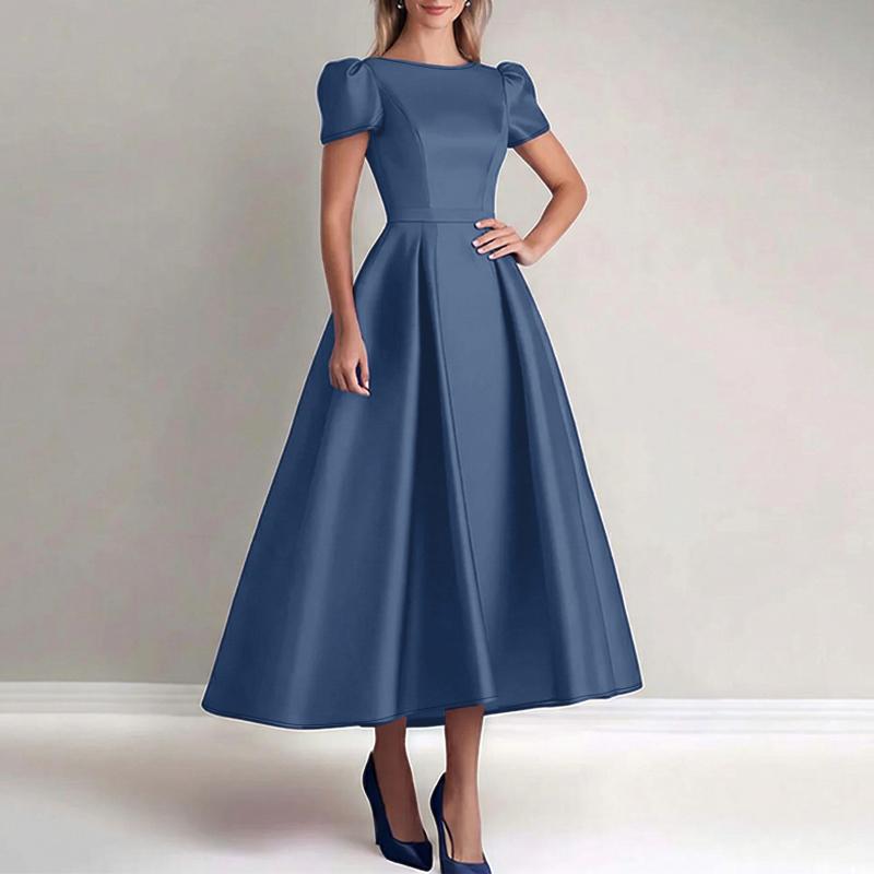 ZANZEA Women Elegant Casual Round Neck Solid Color Short Sleeve Dress S тёмно-синий