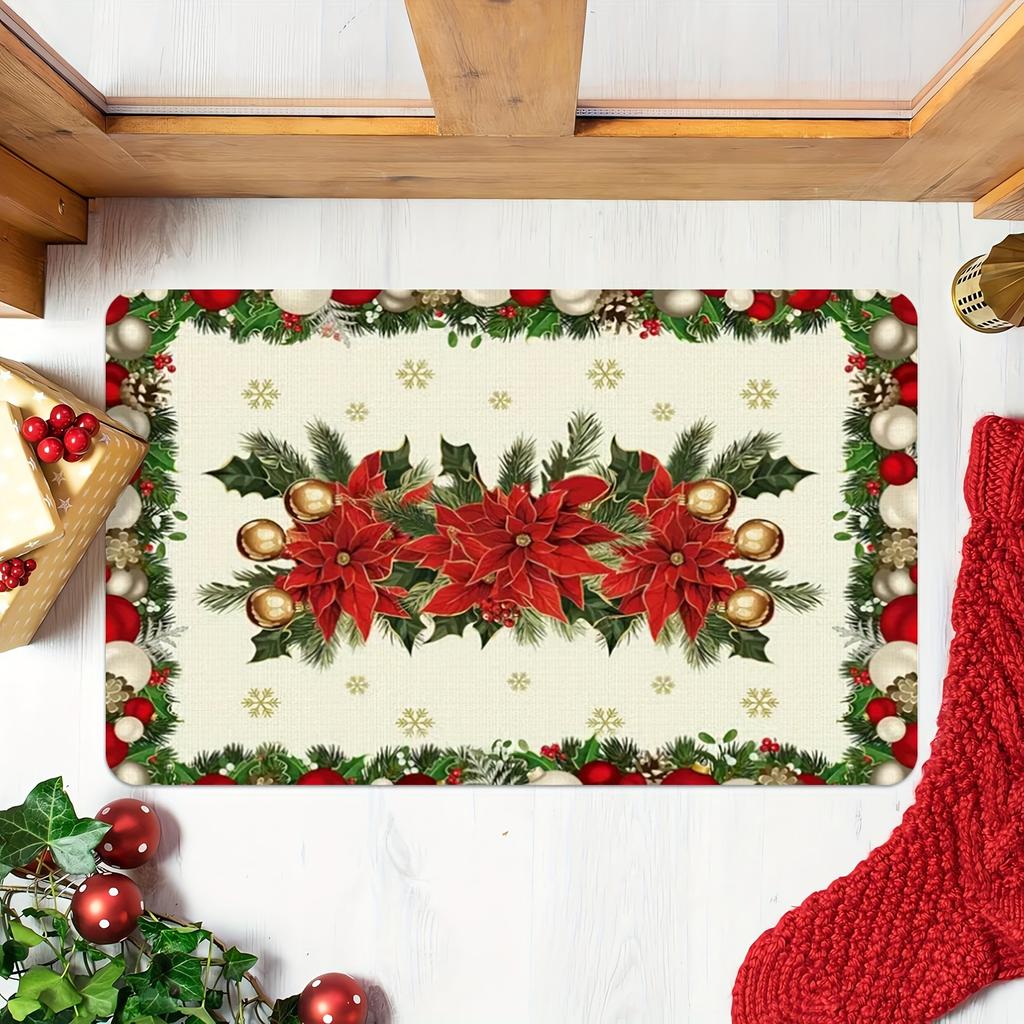Christmas Poinsettia Holly Print Door Mat Winter Xmas Ball Snowflake Rug Bedroom Kitchen Non-slip Floor Mat Christmas Decoration
