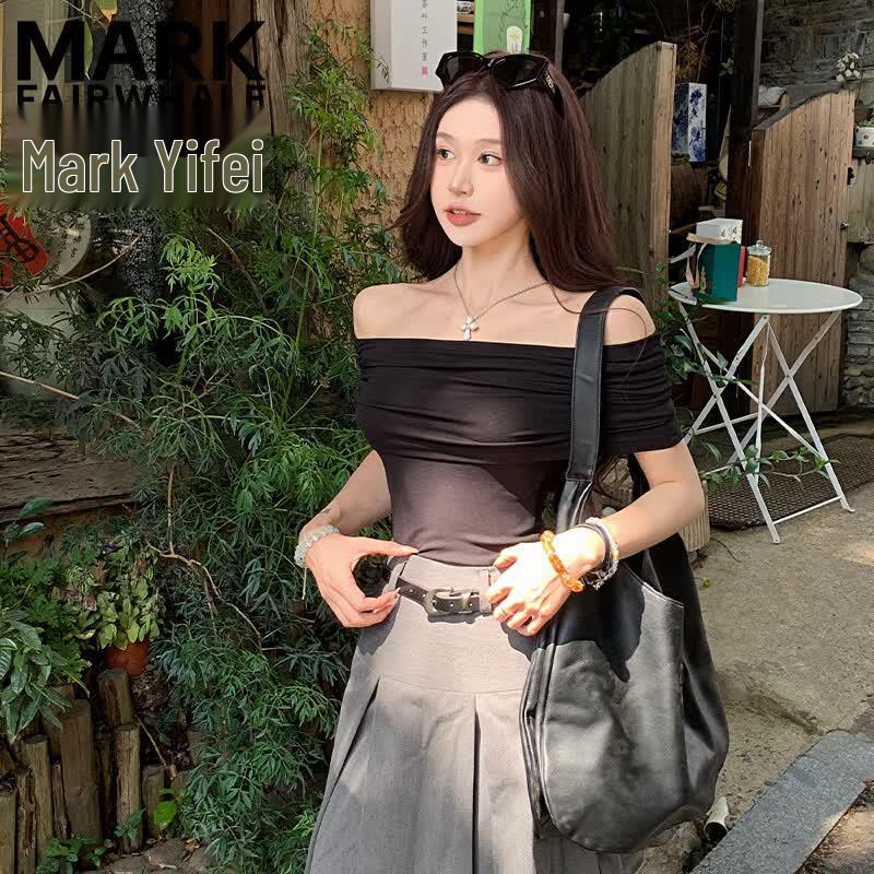 MARK FAIRWHALE Women s Pleated Off-Shoulder T-Shirt M