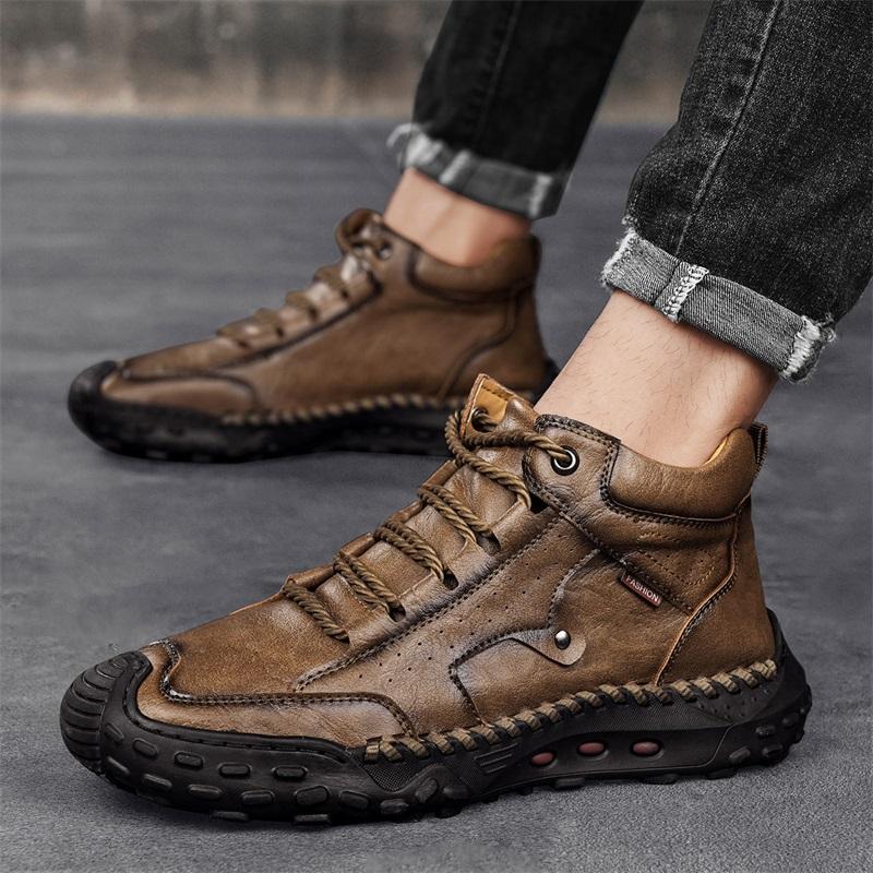 Men's High-top Casual Sneakers Handmade Leather Shoes Plus Size 39-48 Spring & Autumn