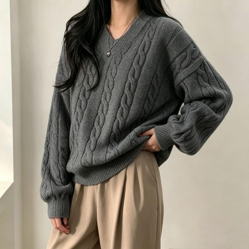 2026 Fall Winter V Neck Twist Knit Sweater Loose Soft Solid Color Pullover Women