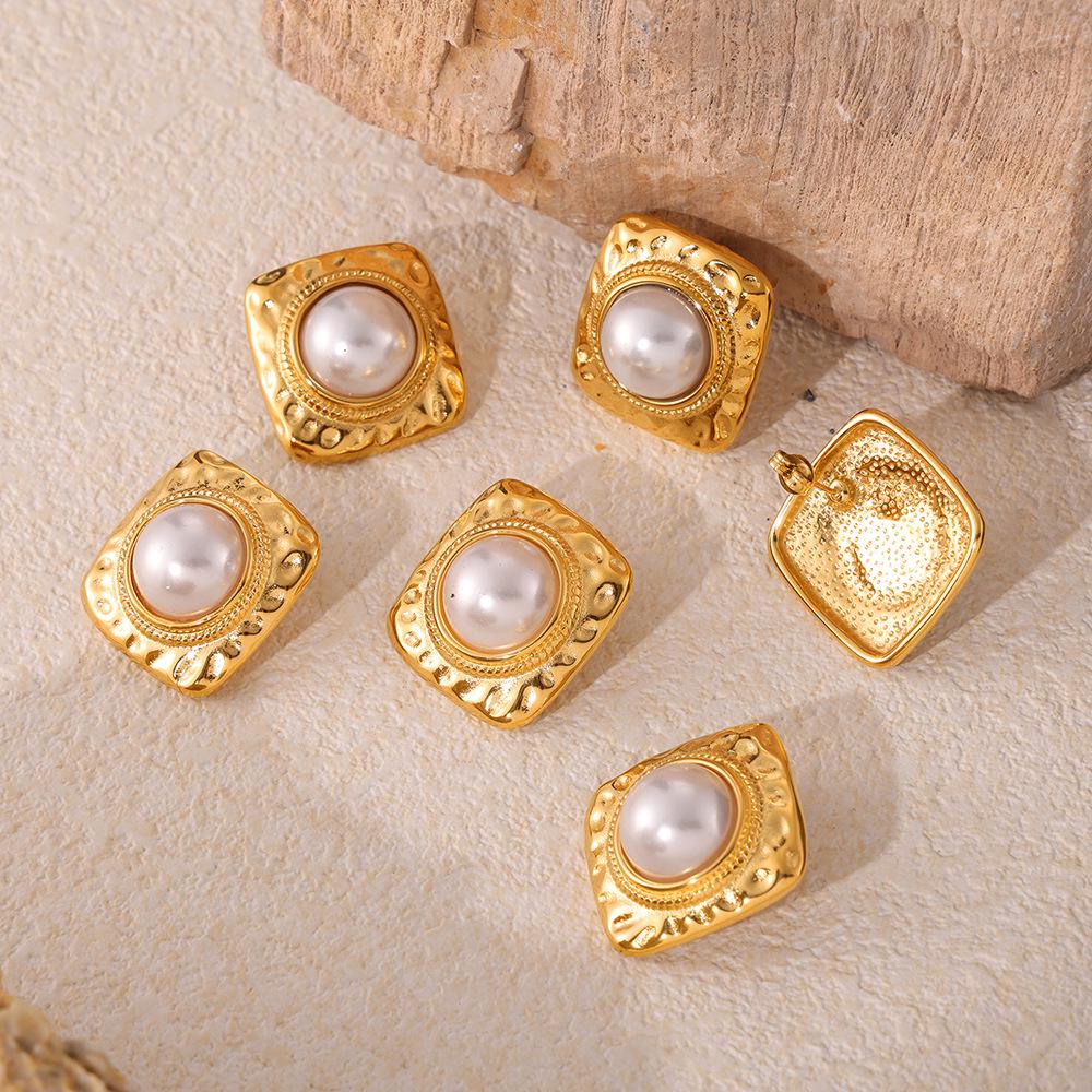 French Retro Square Lava Faux Pearl Stud Earrings In 18k Gold-Plated Titanium