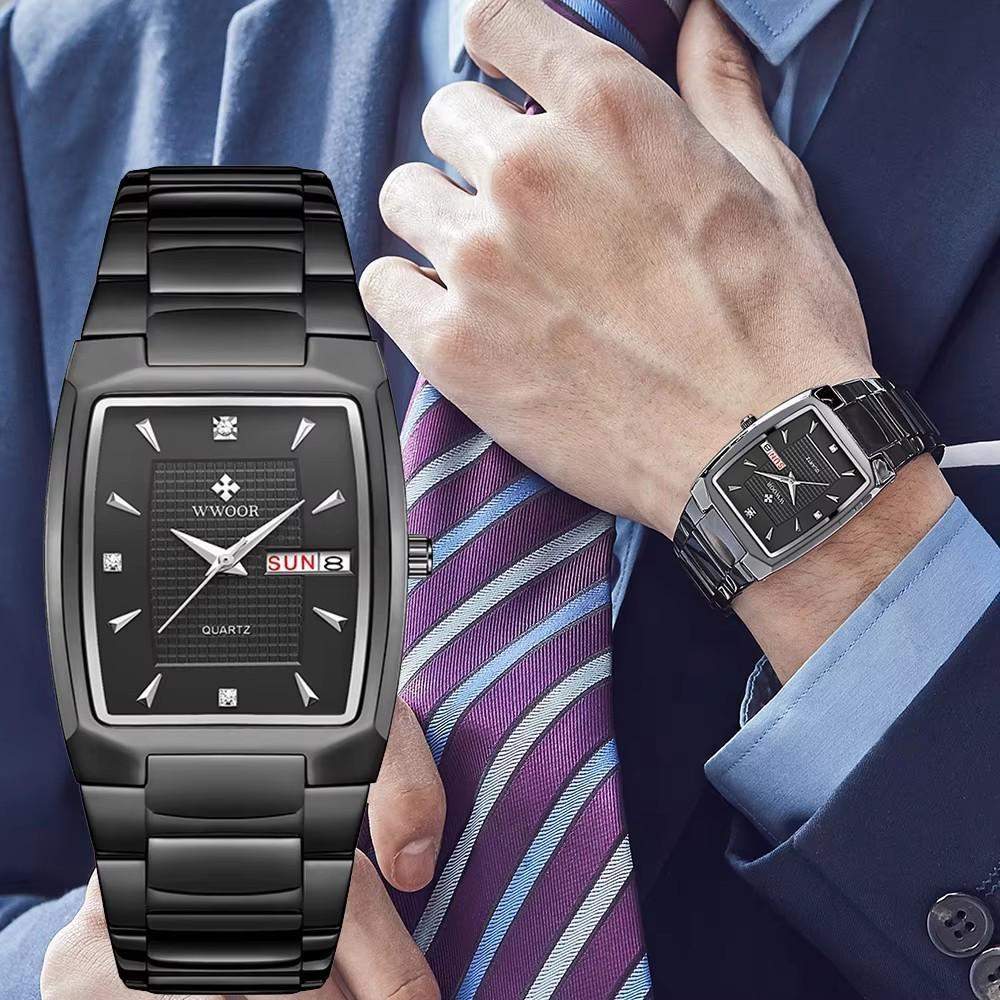 WWOOR Luxury Business Men Watches Gold Quartz Stainless Steel Sport Clock Waterproof Week and Date Wrist Watches
