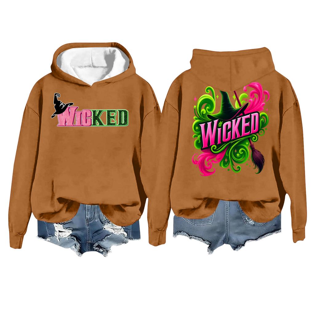 Women's Casual Long Sleeve Pullover Witch Print Hooded Sweatshirt