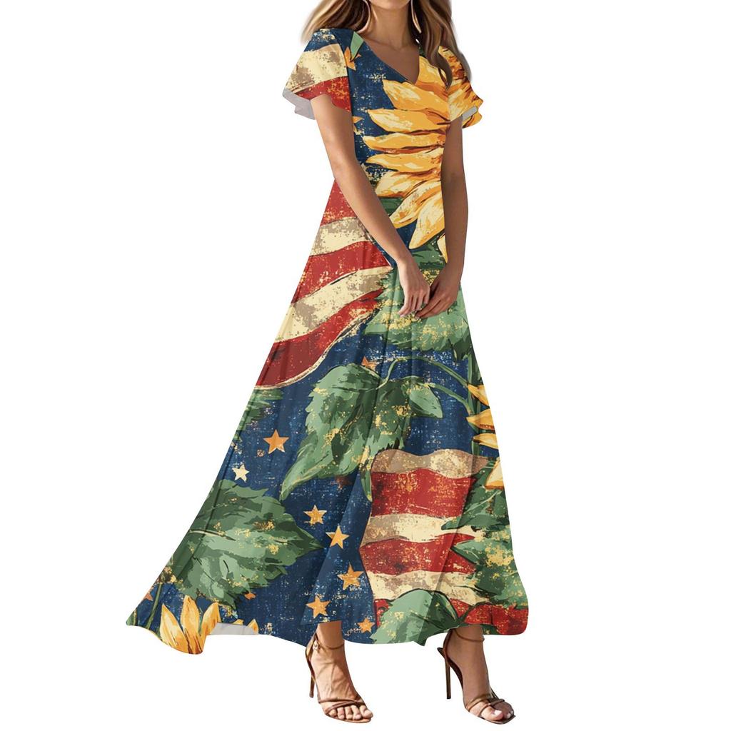 Women's Independence Day Printed Casual Fashion Dresses V-Neck Short Sleeve Dresses