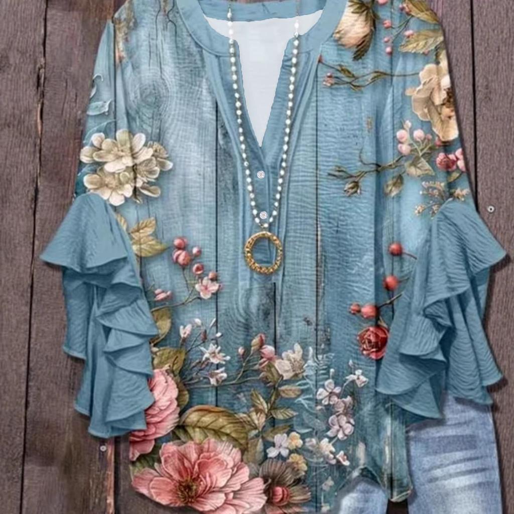 Nuova T-shirt Casual Trendy con Stampa Digitale Floreale e Bordi a Loto per Donna, Vestibilità Larga