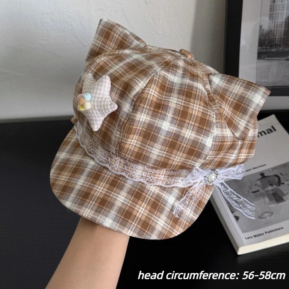 Sun Protection Plaid Octagonal Cap Stars Lace Decor Artist Hat Cute Berets Women's Fashion