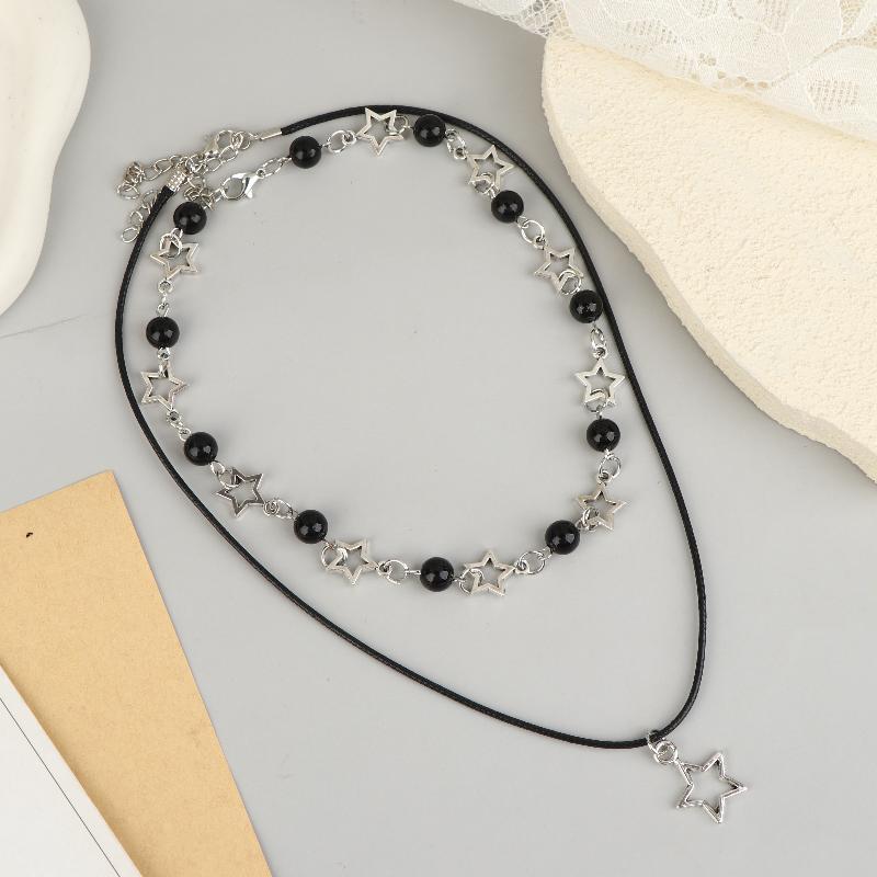 Dvouvrstvý černý korálkový hvězdicový choker náhrdelník Punk pentagram kožené šňůrky Náhrdelníky pro ženy dívky