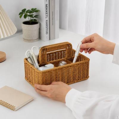 Imitation Rattan Storage Basket Box Bin Handmade 4 Compartments Laundry Organizer Tote for