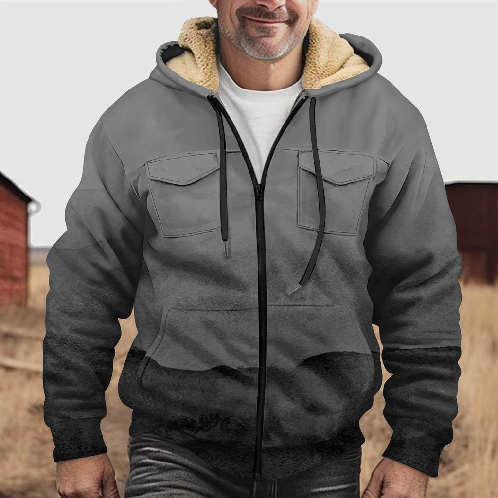 Fleecegenser med hette og hette med glidelås for menn med lapplomme Uformell jakke