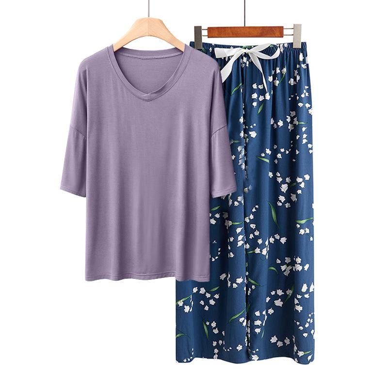 Sommer Damen Pyjama Sets Modal Kurzarm T-Shirts und Weitbein Hosen Heiß Lässig Homewear 2-teiliges Anzug Damen Nachtwäsche