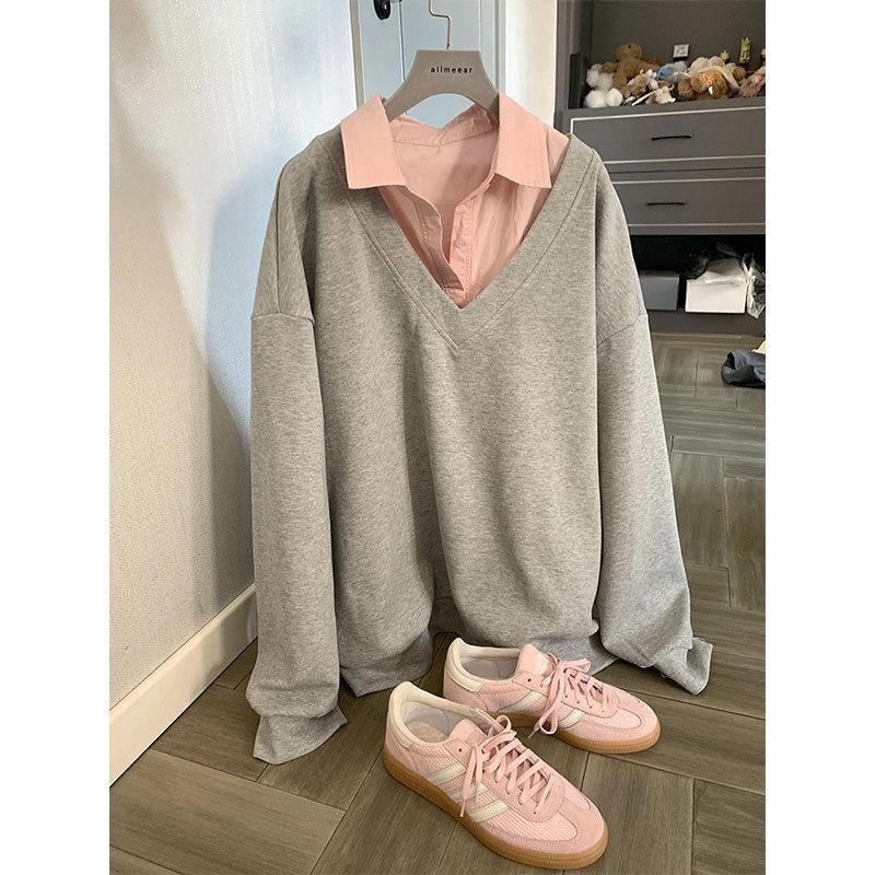 Lazy Contrasting Color Fake Two Pieces Retro Gray Sweater Women's Autumn Loose Design Niche Lo Shirt Top
