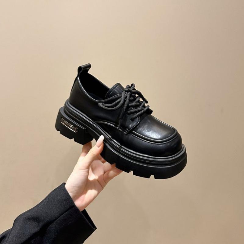 British style small leather shoes women's autumn new lace-up retro versatile small thick-soled black loafers