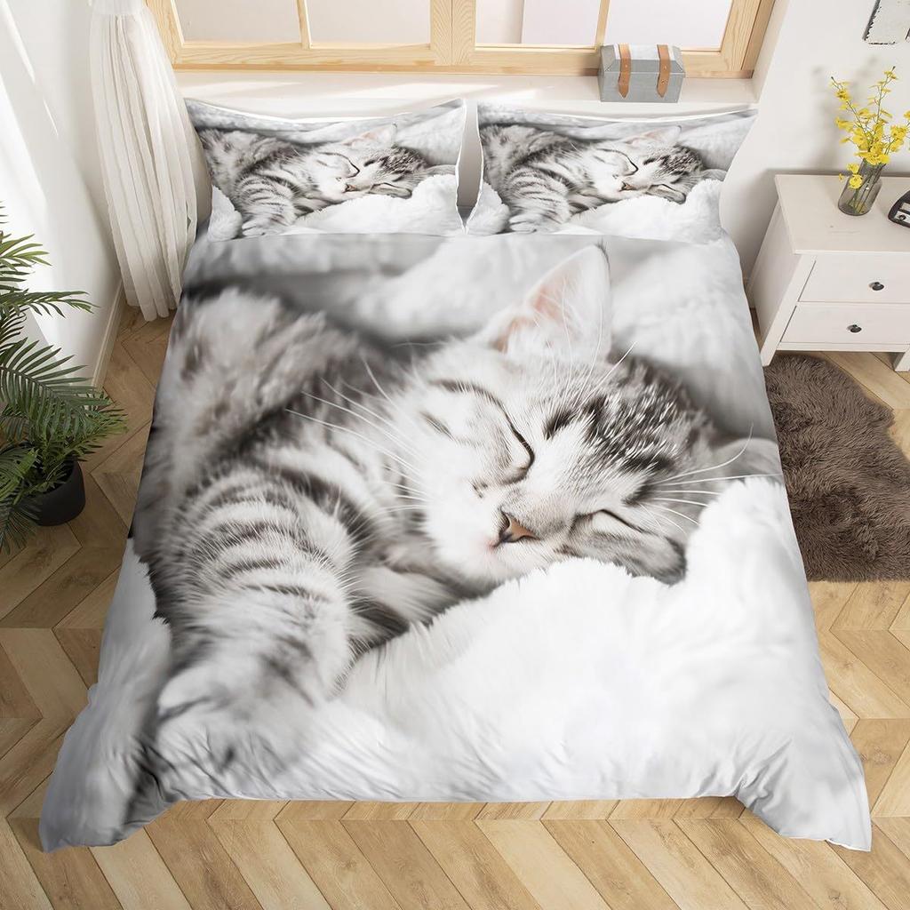 Cute Cat Duvet Cover Bedding Three-Piece Set 3D Animal Digital Printing Quilt Cover