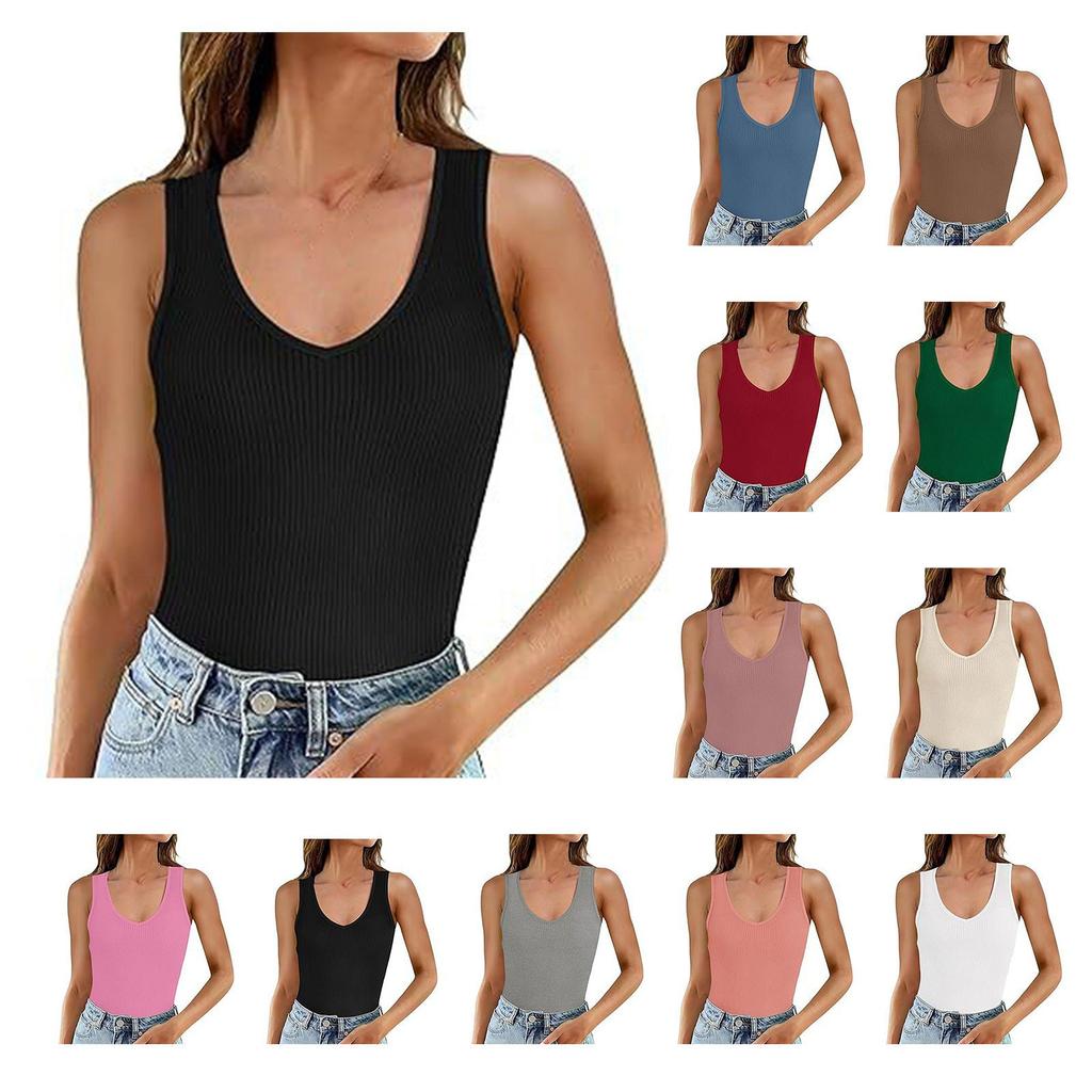 Womens Ribbed Tank Tops 2024 Summer V Neck Slim Fitted Tops Casual Basic Knit Sleeveless Shirts