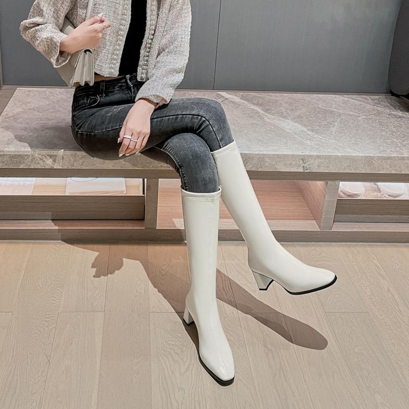 Women's High-heeled Boots Autumn and Winter New Thick-heeled Solid-color Large-size Simple Medium Boots