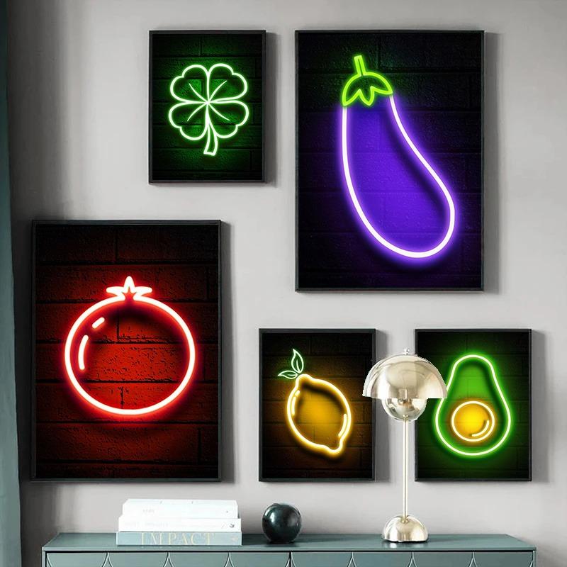 Cool Neon Signs Money Symbol Fruits Flamingo Canvas Posters Prints Pictures Wall Art Canvas Painting for Shop Home Decoration
