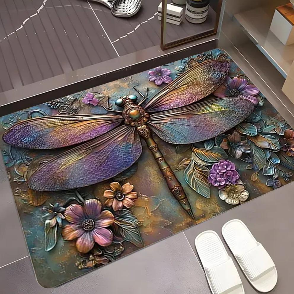 

Retro Art Colorful Dragonfly Carpet Visual 3D Flower Pattern Entrance Entrance Foot Mat Living Room Bedroom Kitchen Decoration 30x50cm