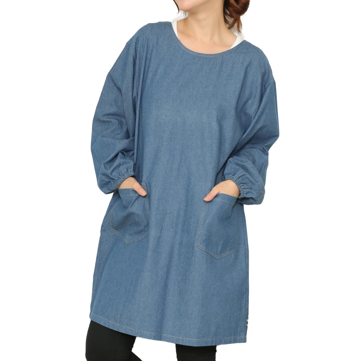 

[ON NISHIKI] Denim Apron for Women (Solid Color/Hickory) Stylish and Cute Denim Apron, Loose Fit, Long Length, Back Opening, Smock, with Sleeves and P