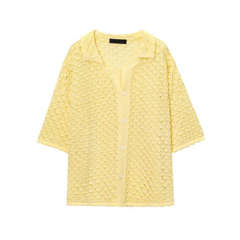 Summer New Product Women's Clothes Beach Style Lapel Short Sleeve Knitting Crocheted Bikini Blouse + Casual Shorts Suit