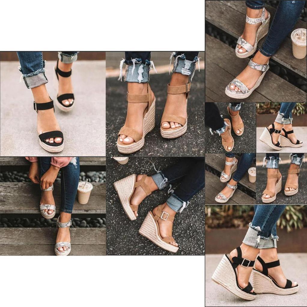 Elegant Summer Hemp Ladies Peep Toe Rope Wedge Sandals With Buckle Ankle Strap