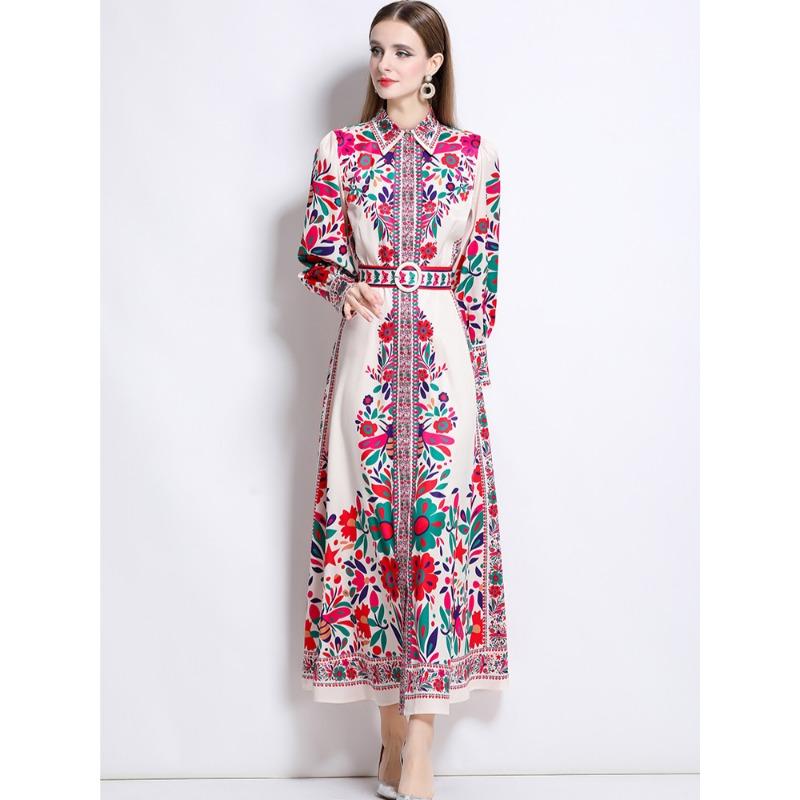 Spring Autumn Women Vintage Print Runway Dresses Single Breasted Long Maxi Party Belt Robe Dress for Graduation