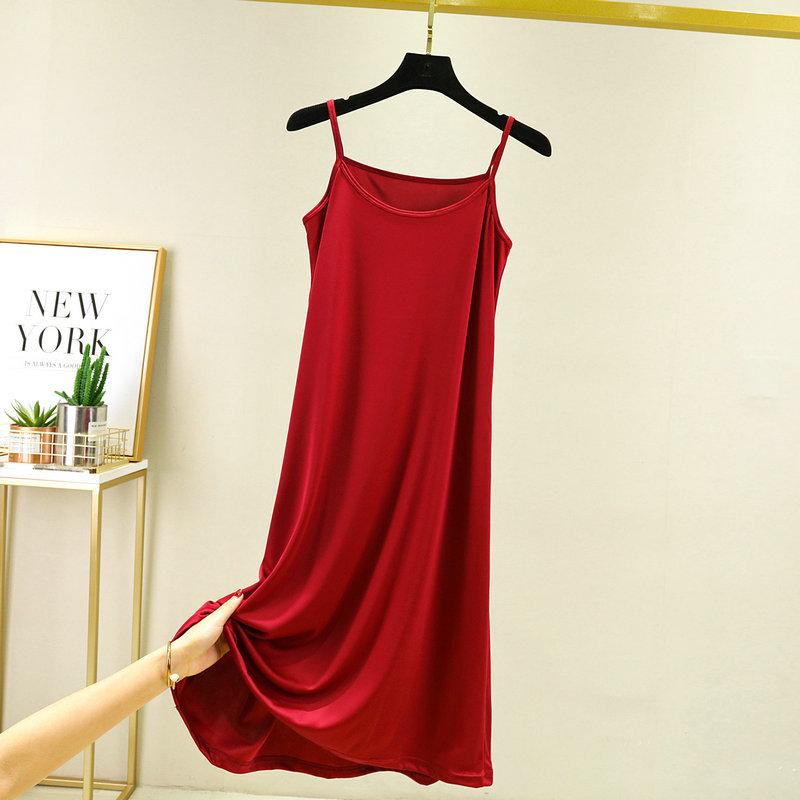 Women's summer simulated silk thin large size solid color nightdress thin sleeveless pregnant women's belly cover dress can be worn outside