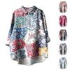 Women's Long Sleeve Shirt Button Vintage Floral Print Casual Hem Irregular Shirt Collar Top